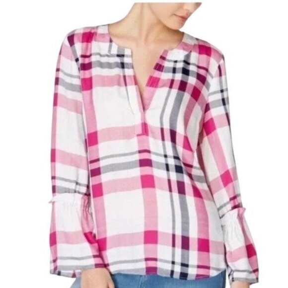 NWT MAISON JULES Womens Blouse SZ L Plaid Long Bell Sleeves Pink Lightweight - Picture 2 of 10